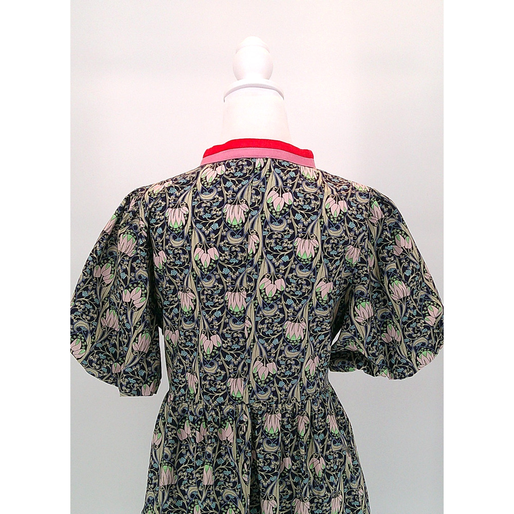 Women's Floral Print Midi Dress Sz M Voy Puff Sleeve Boho Chic Navy Pink Casual - Picture 7 of 11